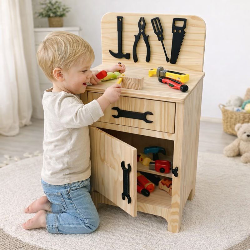 Bancada de Ferramentas Montessoriana Pequena + Kit de Ferramentas Fashion Toys