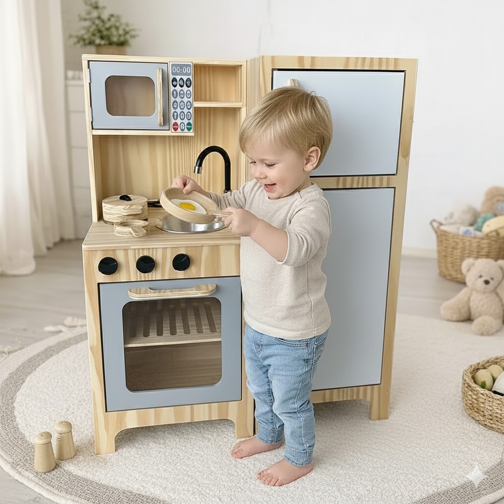 Cozinha Pequena Cinza Com Geladeira + Kit Panelinha Montessoriana Fashion Toys