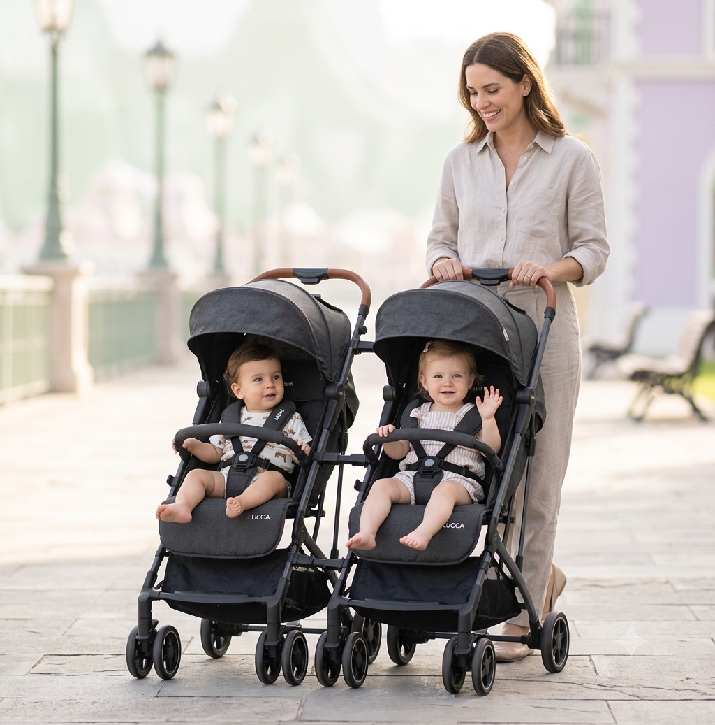 Kit Carrinho Duplo Compacto – 2 Carrinhos LUCCA + Trio de Conectores Infanti