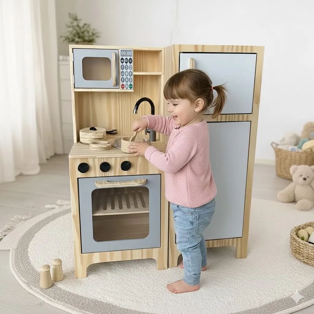 Cozinha Pequena Cinza Com Geladeira + Kit Panelinha Montessoriana Fashion Toys