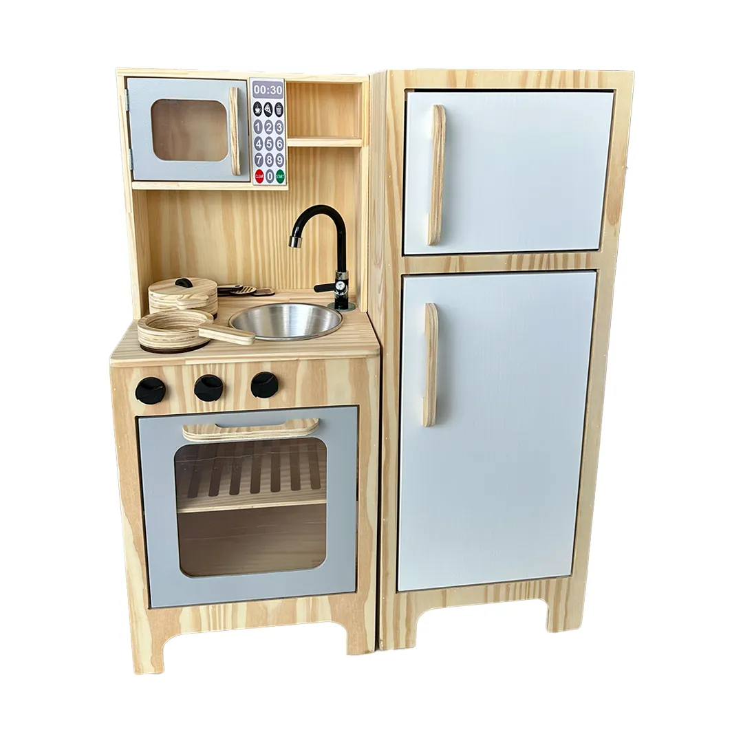 Cozinha Pequena Cinza Com Geladeira + Kit Panelinha Montessoriana