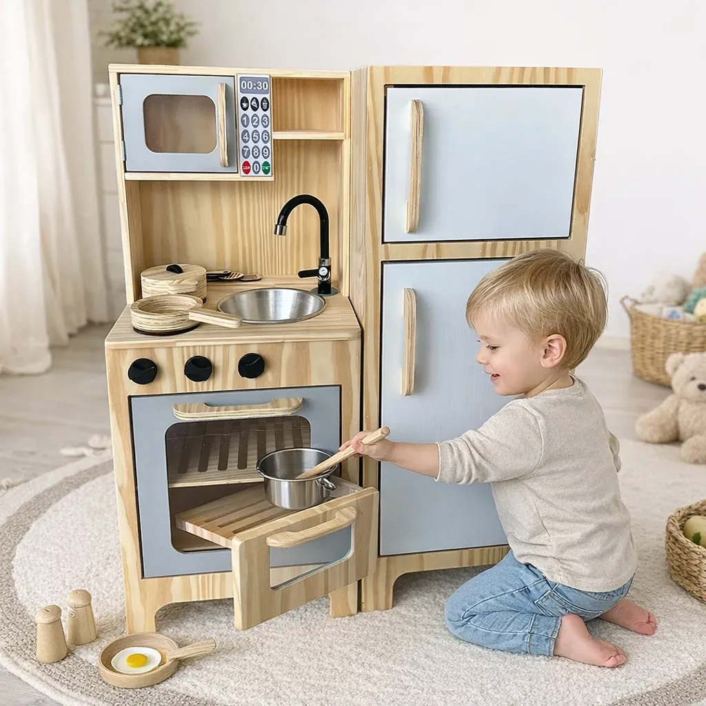 Cozinha Pequena Cinza Com Geladeira + Kit Panelinha Montessoriana