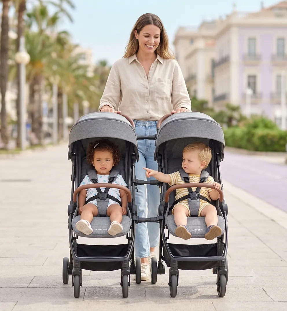 Kit Carrinho Duplo Compacto – 2 Carrinhos EVA + Trio de Conectores Maxi Cosi